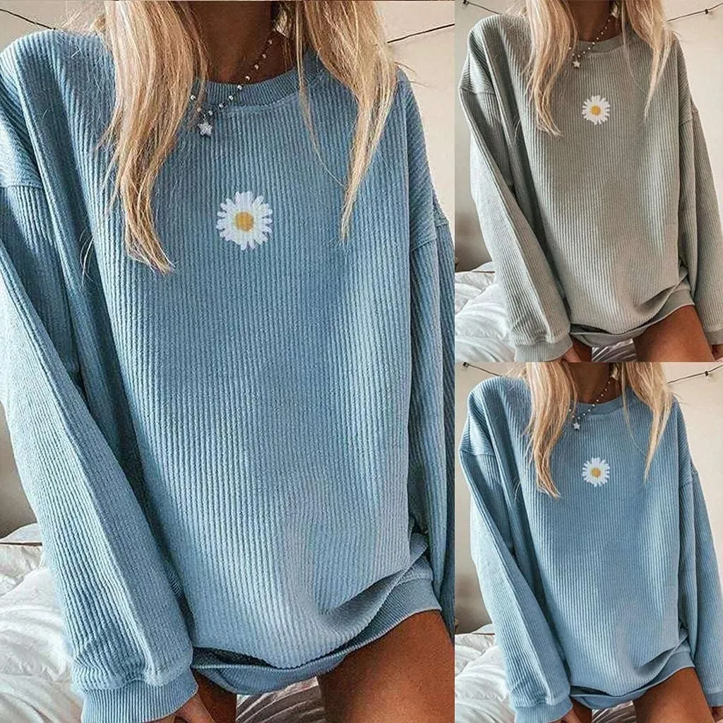 PGOJUNI Crewneck Sweatshirts for Teen Girls, Womens Sweatshirt Loose Waffle Daisy Graphic Casual Long Sleeve Basic Blouse