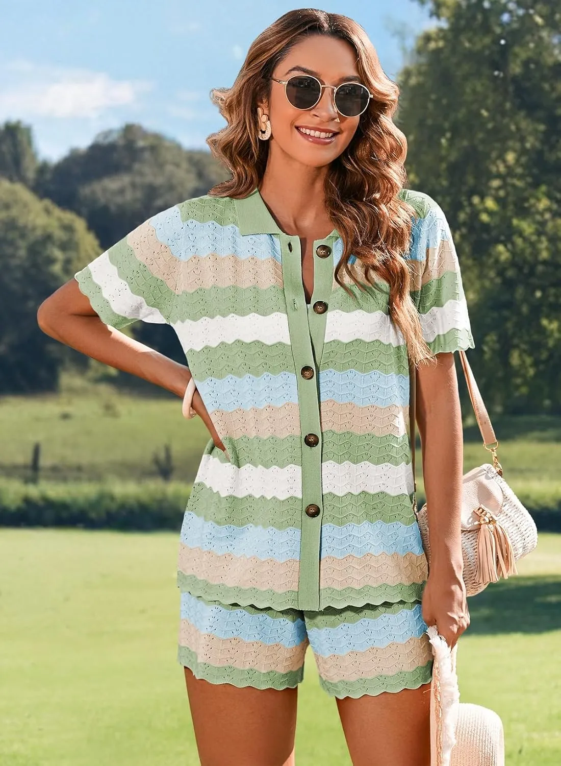 Pink Queen Women Knit Shorts Set 2 Piece Outfits Short Sleeve Button Down Sweater Top and Shorts Lounge Set