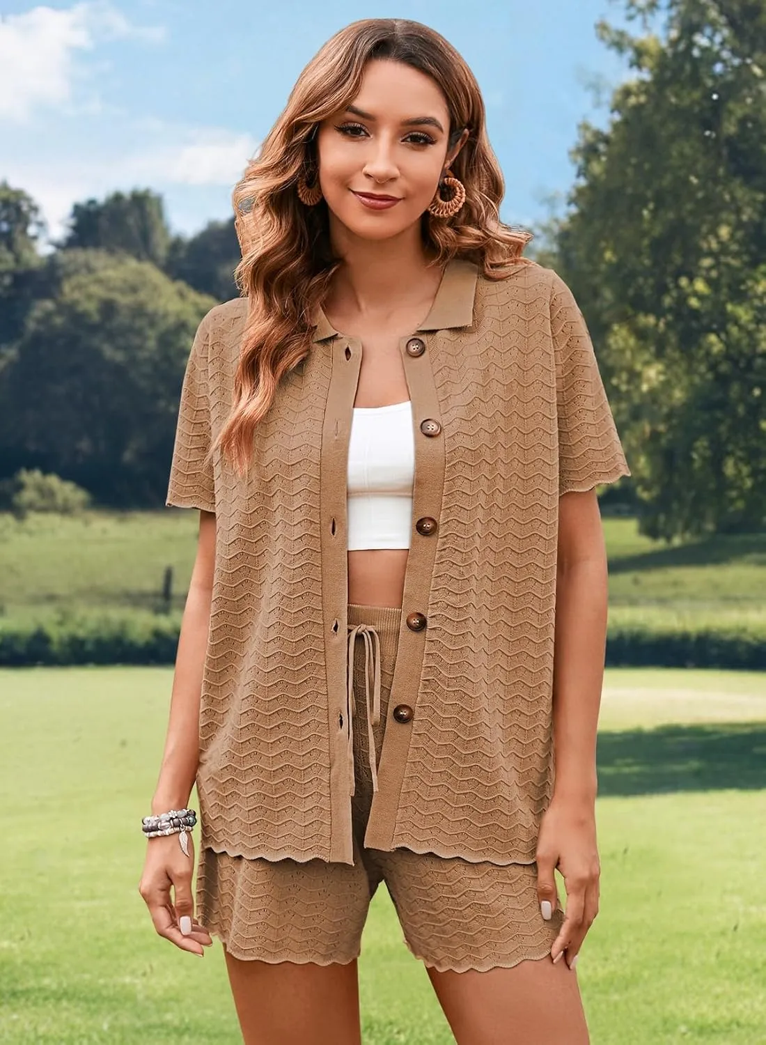 Pink Queen Women Knit Shorts Set 2 Piece Outfits Short Sleeve Button Down Sweater Top and Shorts Lounge Set
