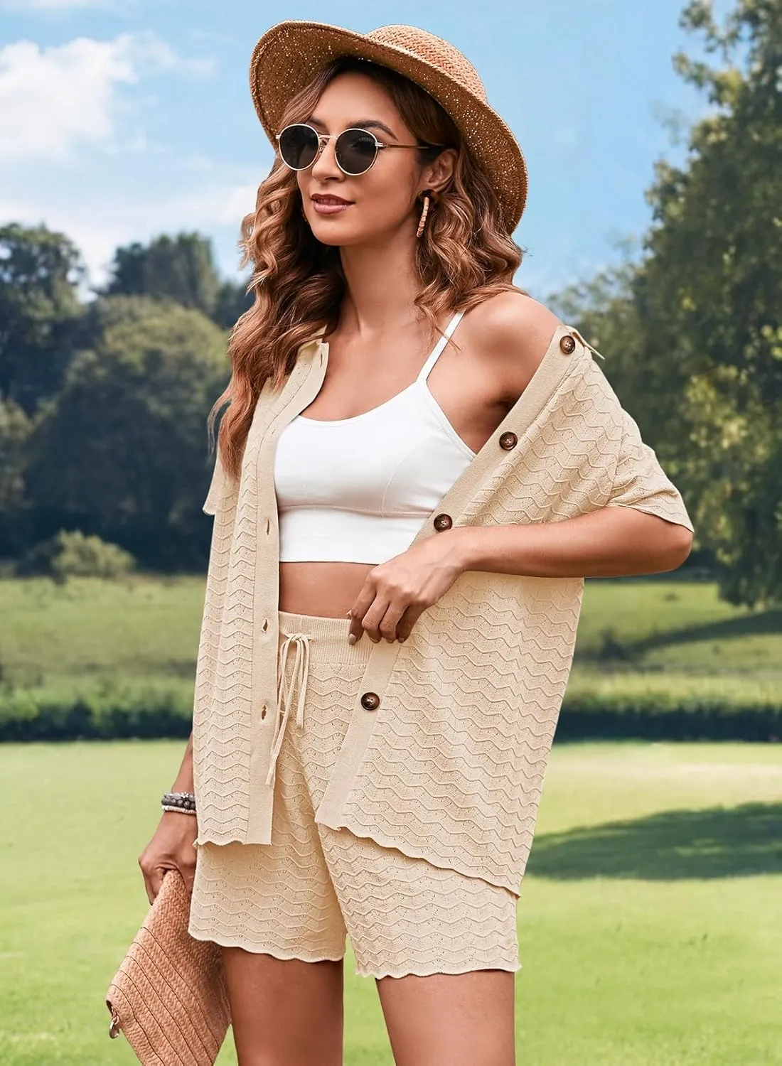 Pink Queen Women Knit Shorts Set 2 Piece Outfits Short Sleeve Button Down Sweater Top and Shorts Lounge Set