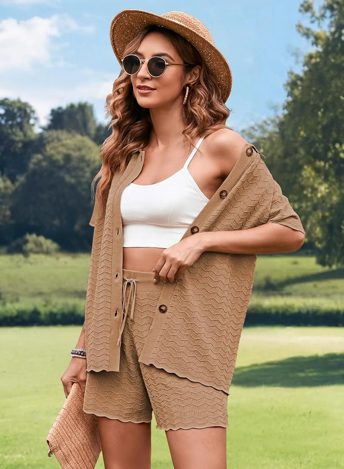 Pink Queen Women Knit Shorts Set 2 Piece Outfits Short Sleeve Button Down Sweater Top and Shorts Lounge Set