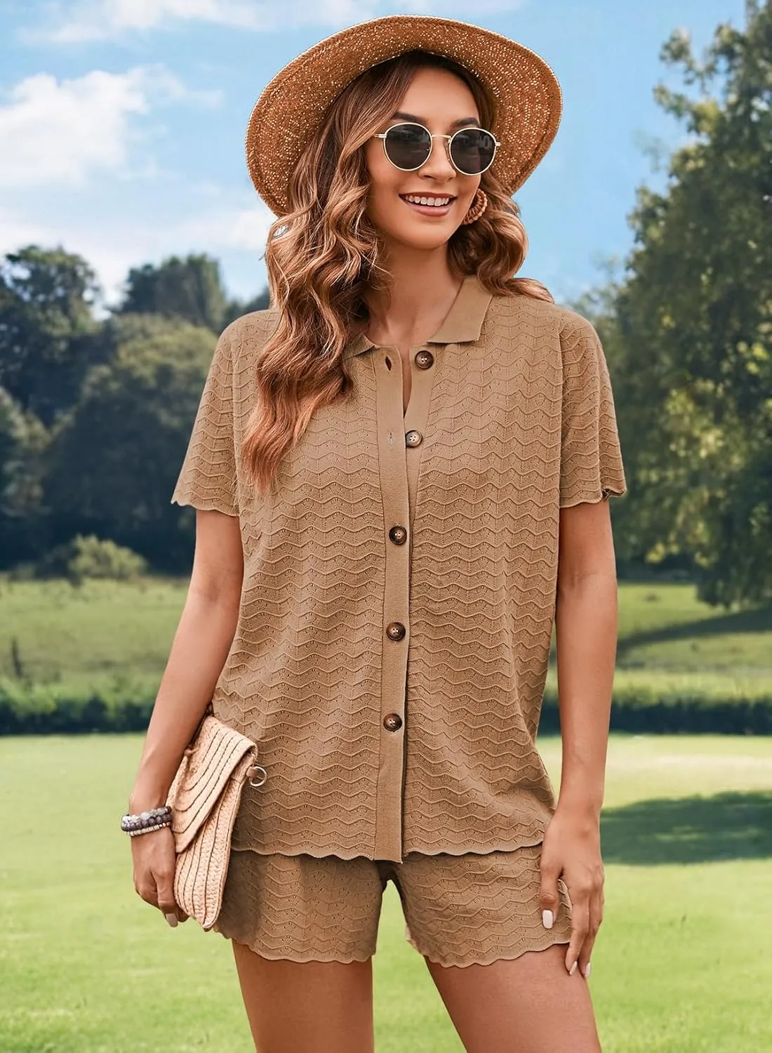 Pink Queen Women Knit Shorts Set 2 Piece Outfits Short Sleeve Button Down Sweater Top and Shorts Lounge Set