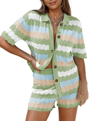 Pink Queen Women Knit Shorts Set 2 Piece Outfits Short Sleeve Button Down Sweater Top and Shorts Lounge Set