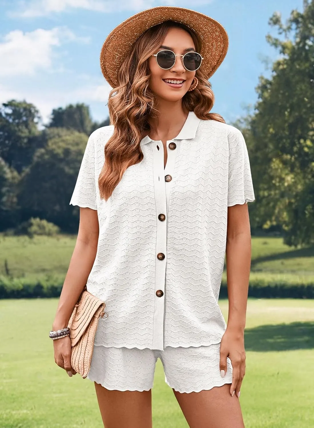 Pink Queen Women Knit Shorts Set 2 Piece Outfits Short Sleeve Button Down Sweater Top and Shorts Lounge Set