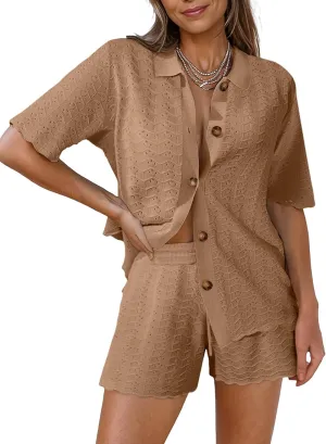 Pink Queen Women Knit Shorts Set 2 Piece Outfits Short Sleeve Button Down Sweater Top and Shorts Lounge Set