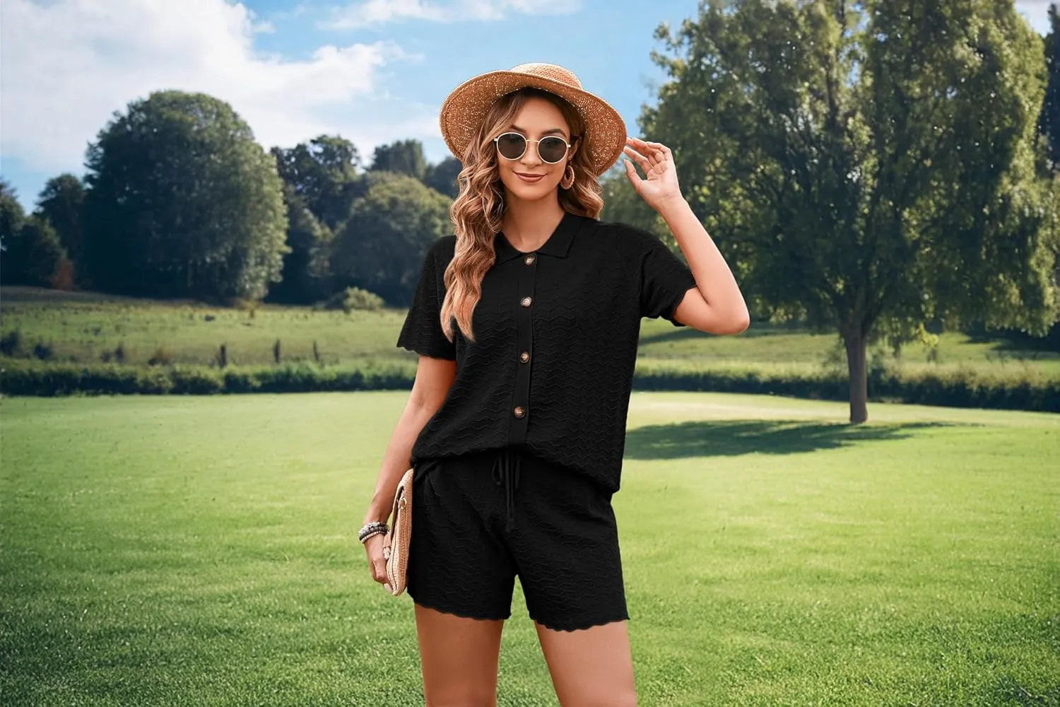 Pink Queen Women Knit Shorts Set 2 Piece Outfits Short Sleeve Button Down Sweater Top and Shorts Lounge Set