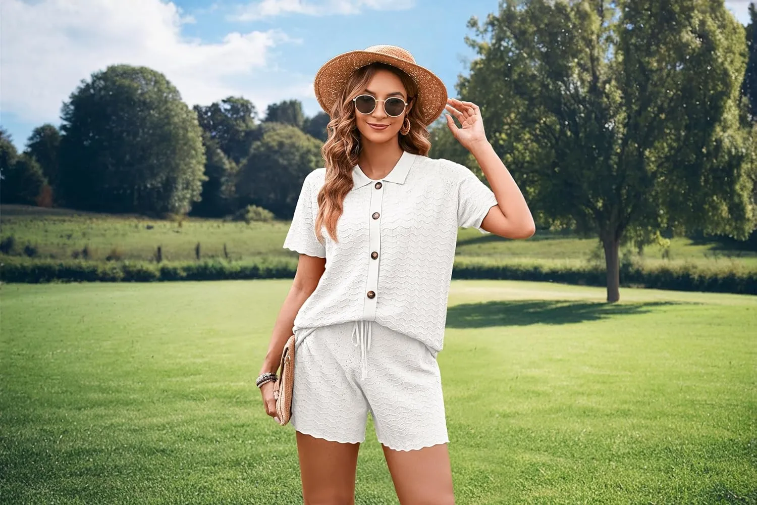 Pink Queen Women Knit Shorts Set 2 Piece Outfits Short Sleeve Button Down Sweater Top and Shorts Lounge Set