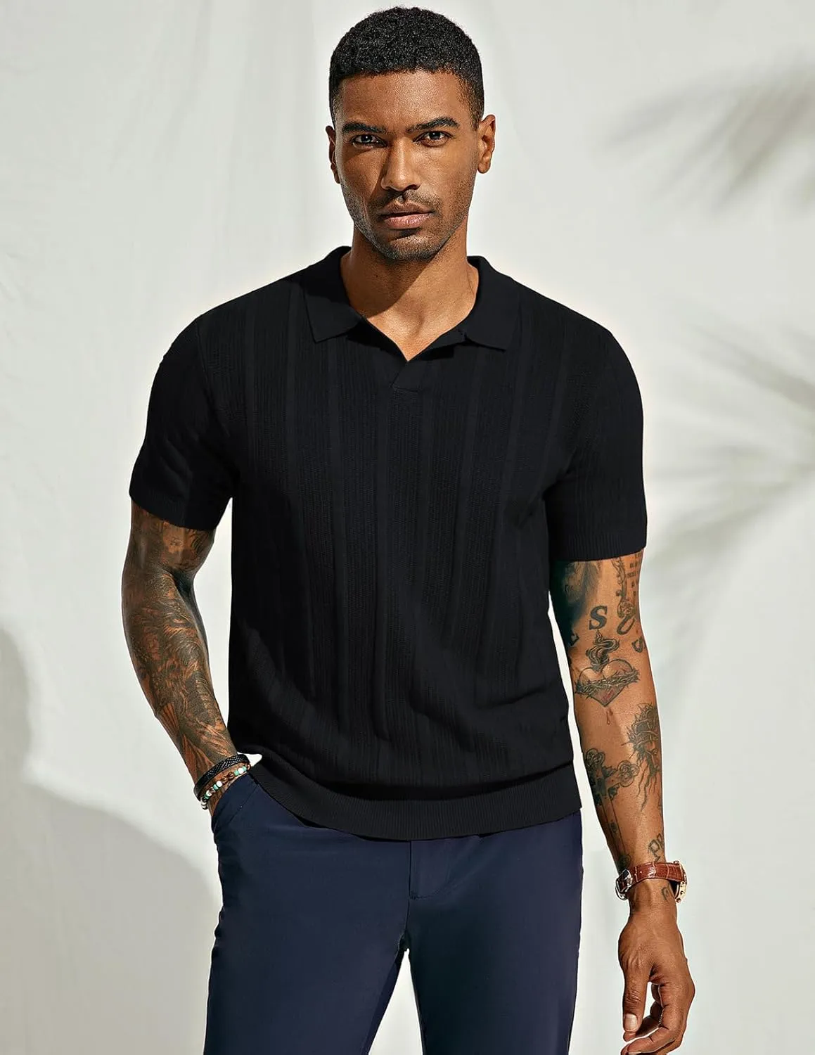 PJ PAUL JONES Mens Polo Shirts Textured Knit V-Neck Summer Shirts