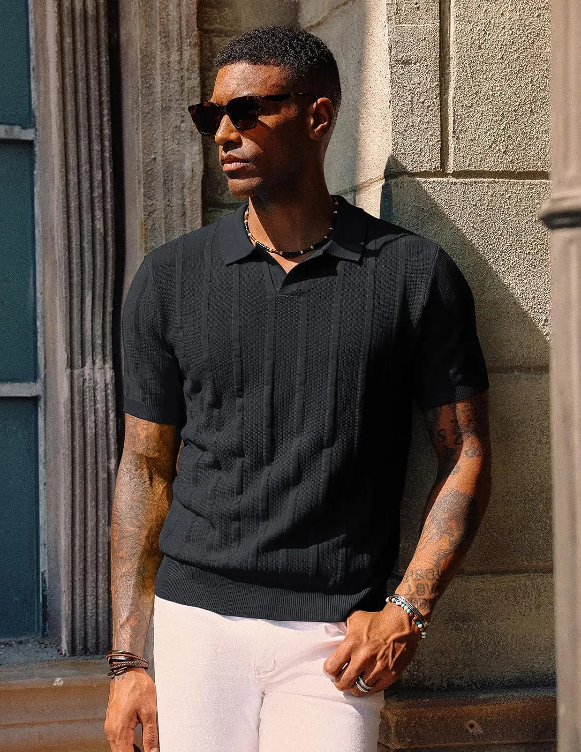 PJ PAUL JONES Mens Polo Shirts Textured Knit V-Neck Summer Shirts