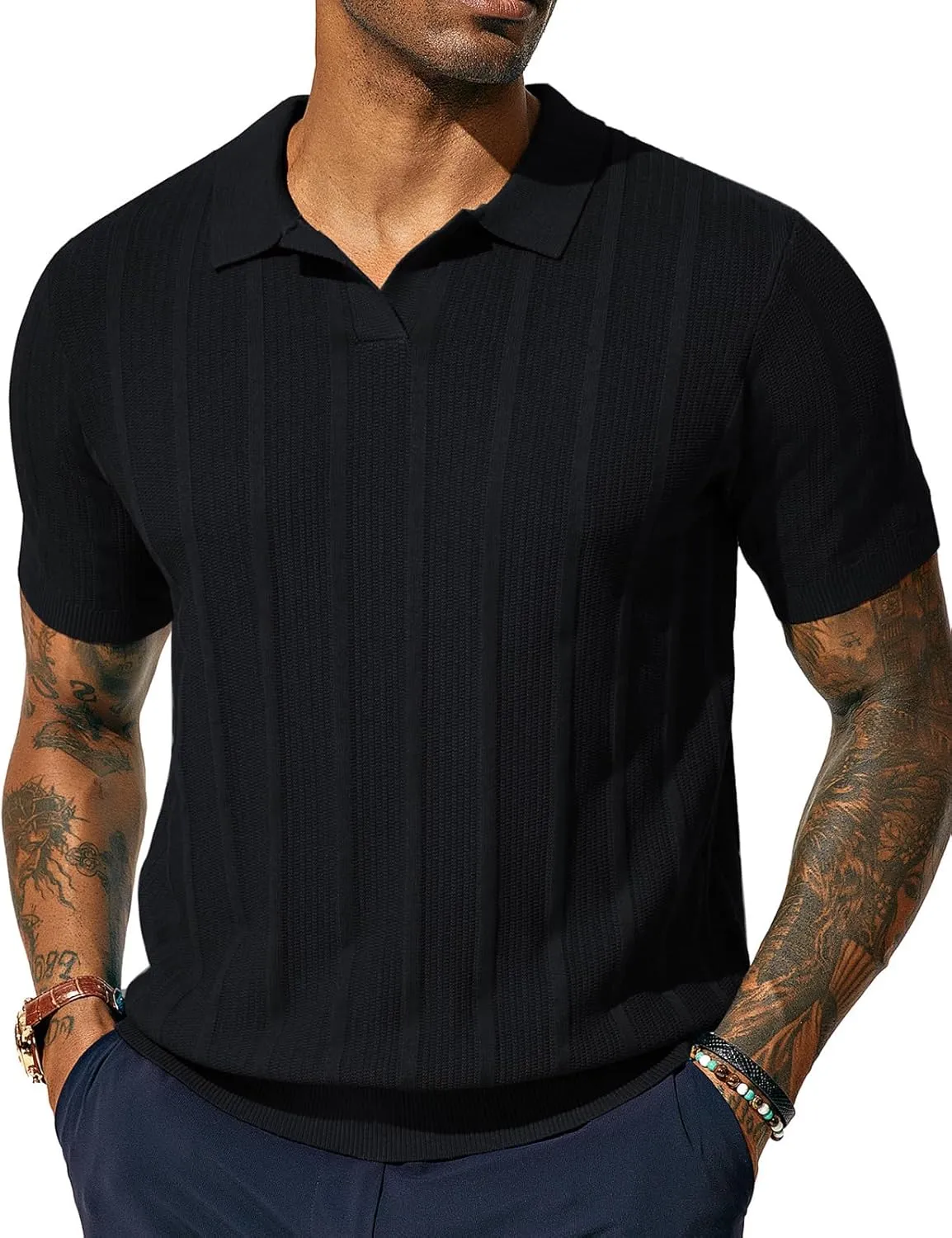 PJ PAUL JONES Mens Polo Shirts Textured Knit V-Neck Summer Shirts