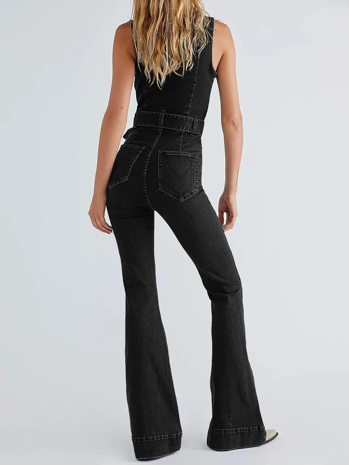 PLNOTME Womens Flare Denim Jumpsuits Cute Slim Fit Sleeveless V Neck Zip Up Jeans Long Pant Rompers