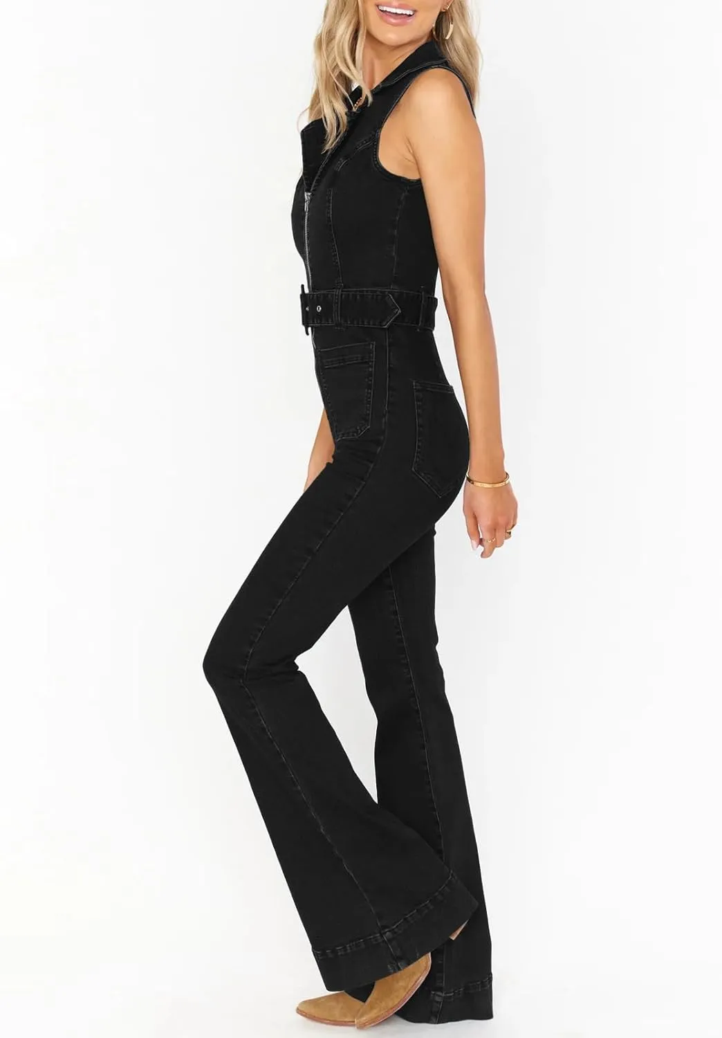 PLNOTME Womens Flare Denim Jumpsuits Cute Slim Fit Sleeveless V Neck Zip Up Jeans Long Pant Rompers