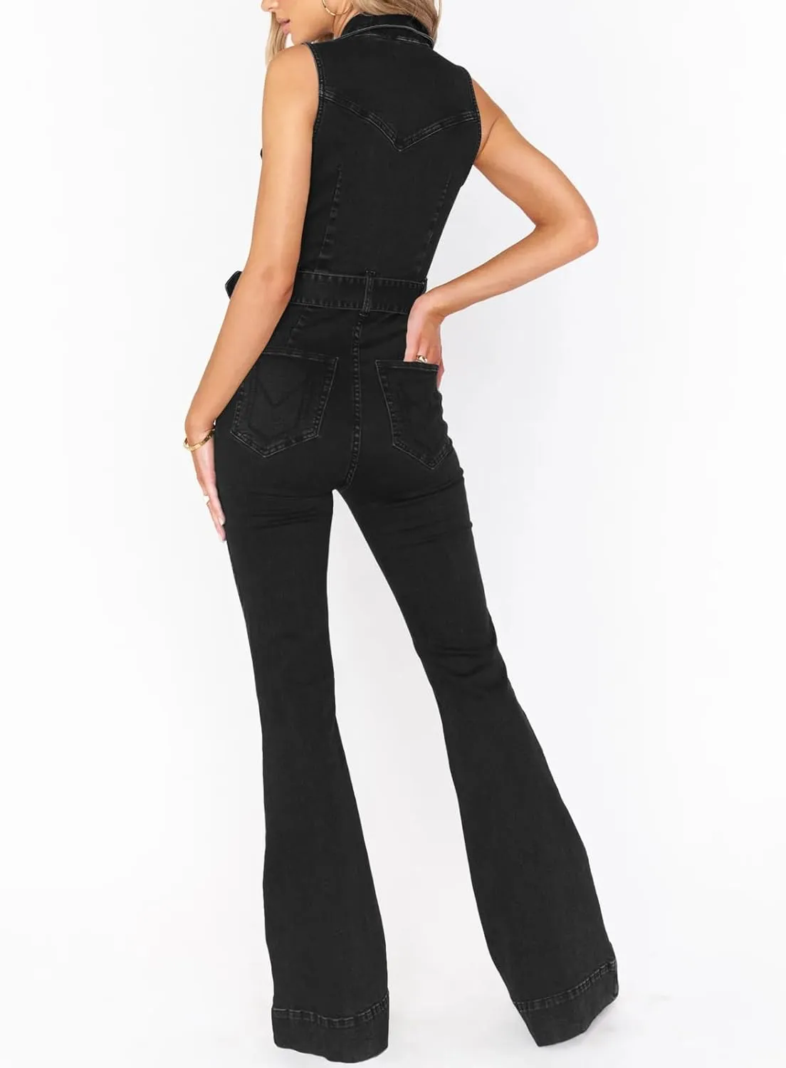 PLNOTME Womens Flare Denim Jumpsuits Cute Slim Fit Sleeveless V Neck Zip Up Jeans Long Pant Rompers