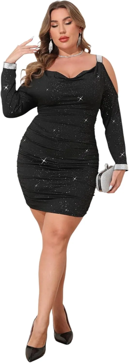 Plus Size Black Dress - Off The Shoulder Sexy Ruched Bodycon Dress Holiday Party Glitter Long Sleeve Cocktail Dress