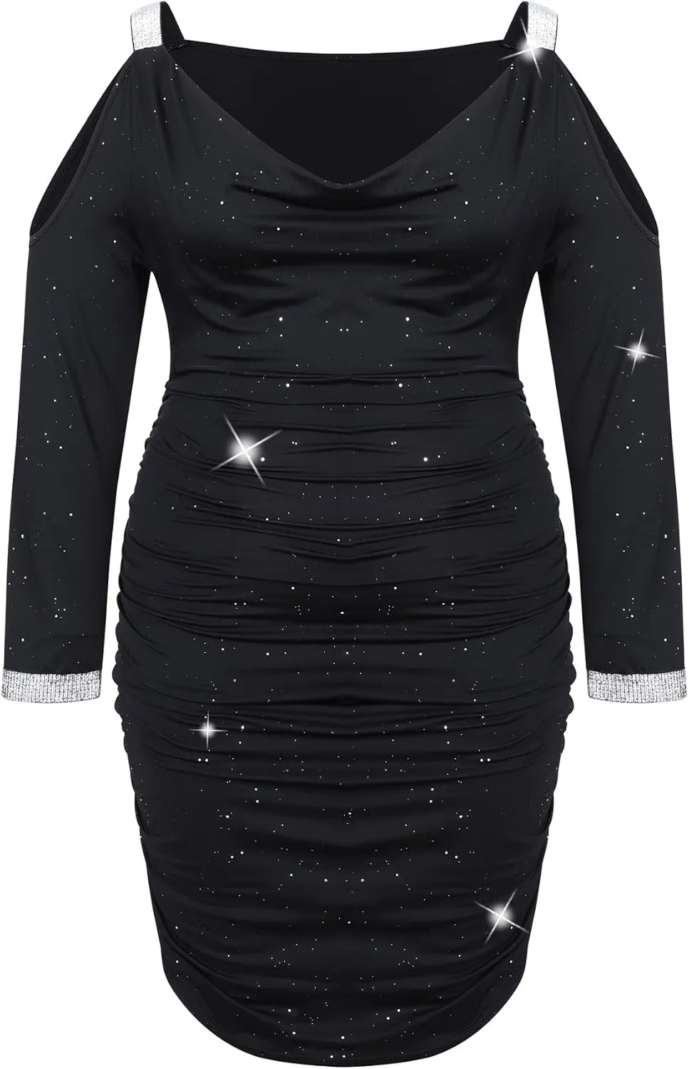 Plus Size Black Dress - Off The Shoulder Sexy Ruched Bodycon Dress Holiday Party Glitter Long Sleeve Cocktail Dress