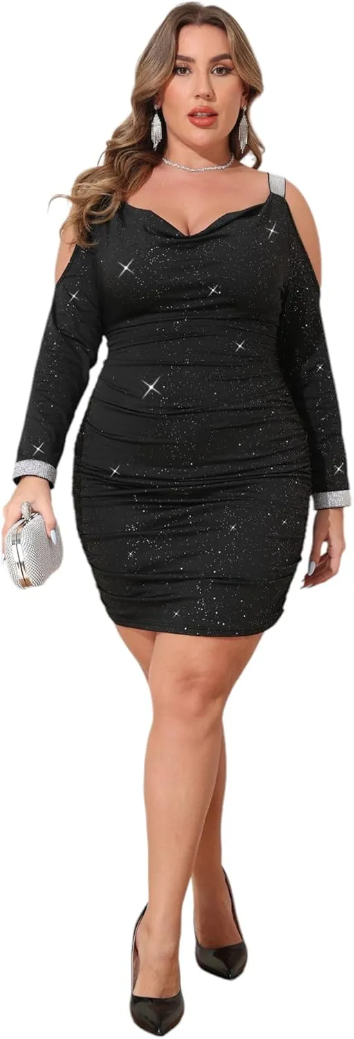 Plus Size Black Dress - Off The Shoulder Sexy Ruched Bodycon Dress Holiday Party Glitter Long Sleeve Cocktail Dress