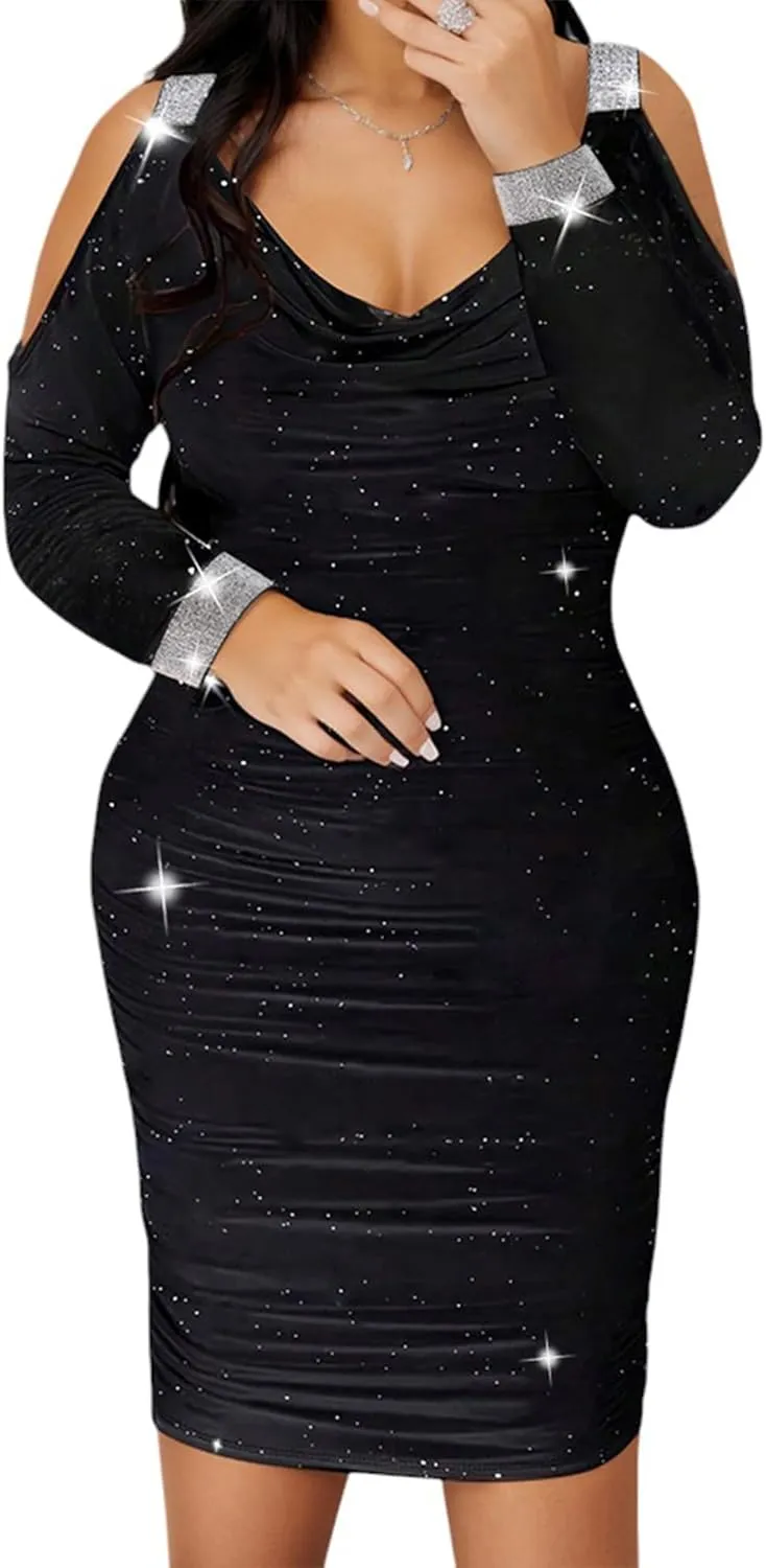 Plus Size Black Dress - Off The Shoulder Sexy Ruched Bodycon Dress Holiday Party Glitter Long Sleeve Cocktail Dress