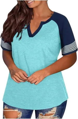 Plus Size Color Block Shirts for Women Summer V Neck T Shirt Oversized Casual Pullover Lightweight Workout Tops Tee