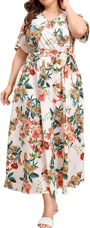 Plus Size Dress for Women High Waist V Neck Short Sleeve Midi Beach Sundress Floral Print Cocktail Party Dresses