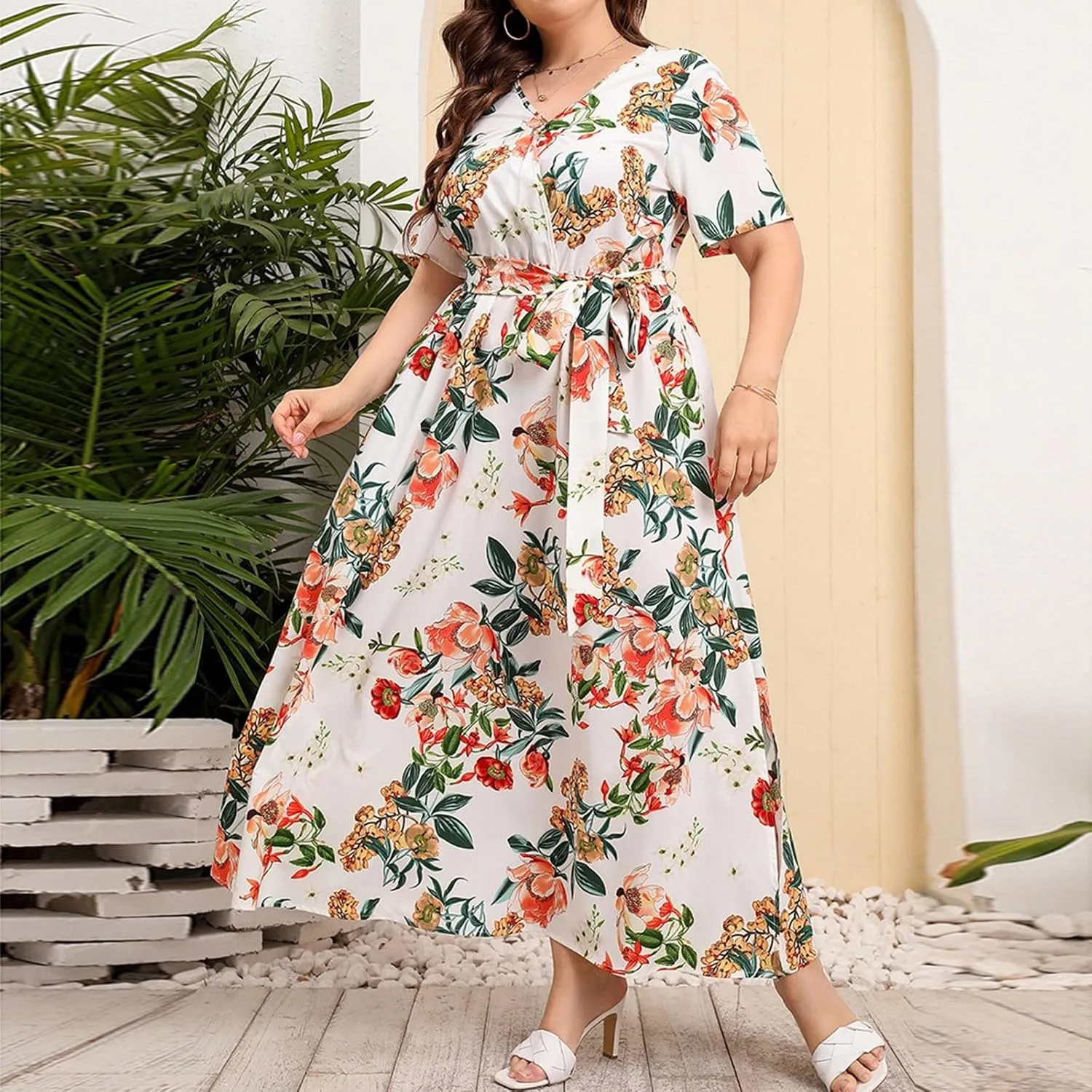 Plus Size Dress for Women High Waist V Neck Short Sleeve Midi Beach Sundress Floral Print Cocktail Party Dresses