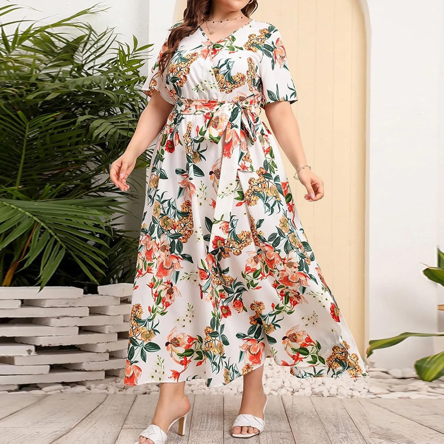 Plus Size Dress for Women High Waist V Neck Short Sleeve Midi Beach Sundress Floral Print Cocktail Party Dresses