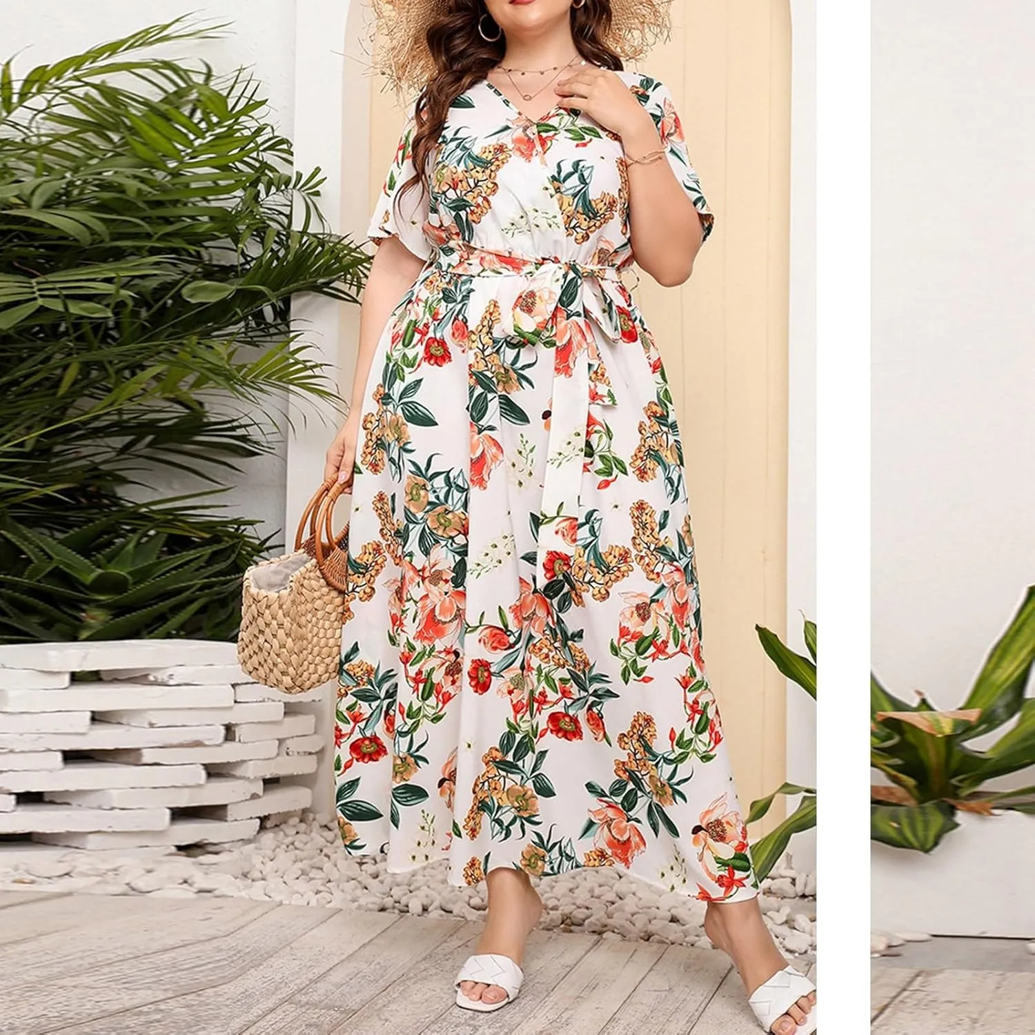 Plus Size Dress for Women High Waist V Neck Short Sleeve Midi Beach Sundress Floral Print Cocktail Party Dresses