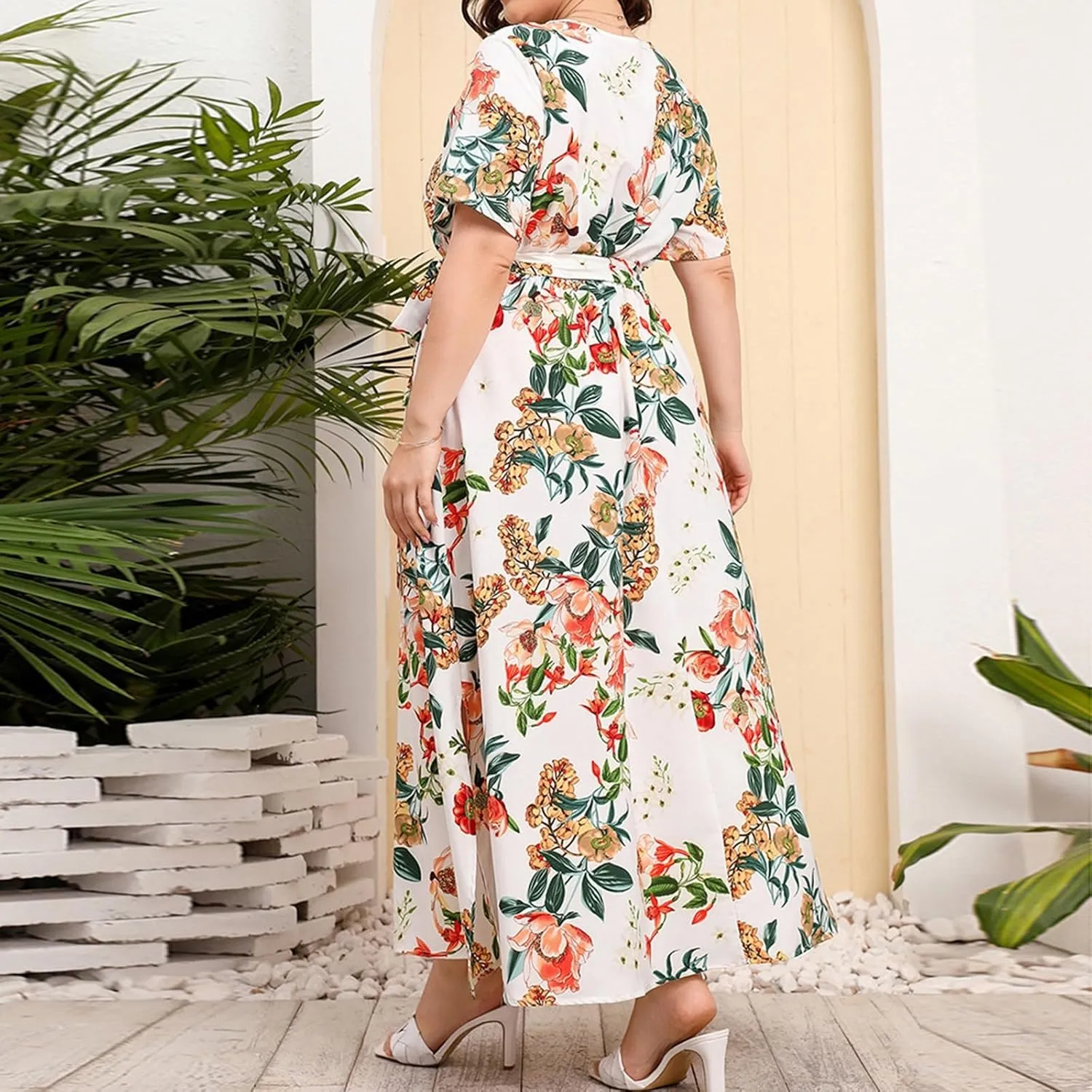 Plus Size Dress for Women High Waist V Neck Short Sleeve Midi Beach Sundress Floral Print Cocktail Party Dresses