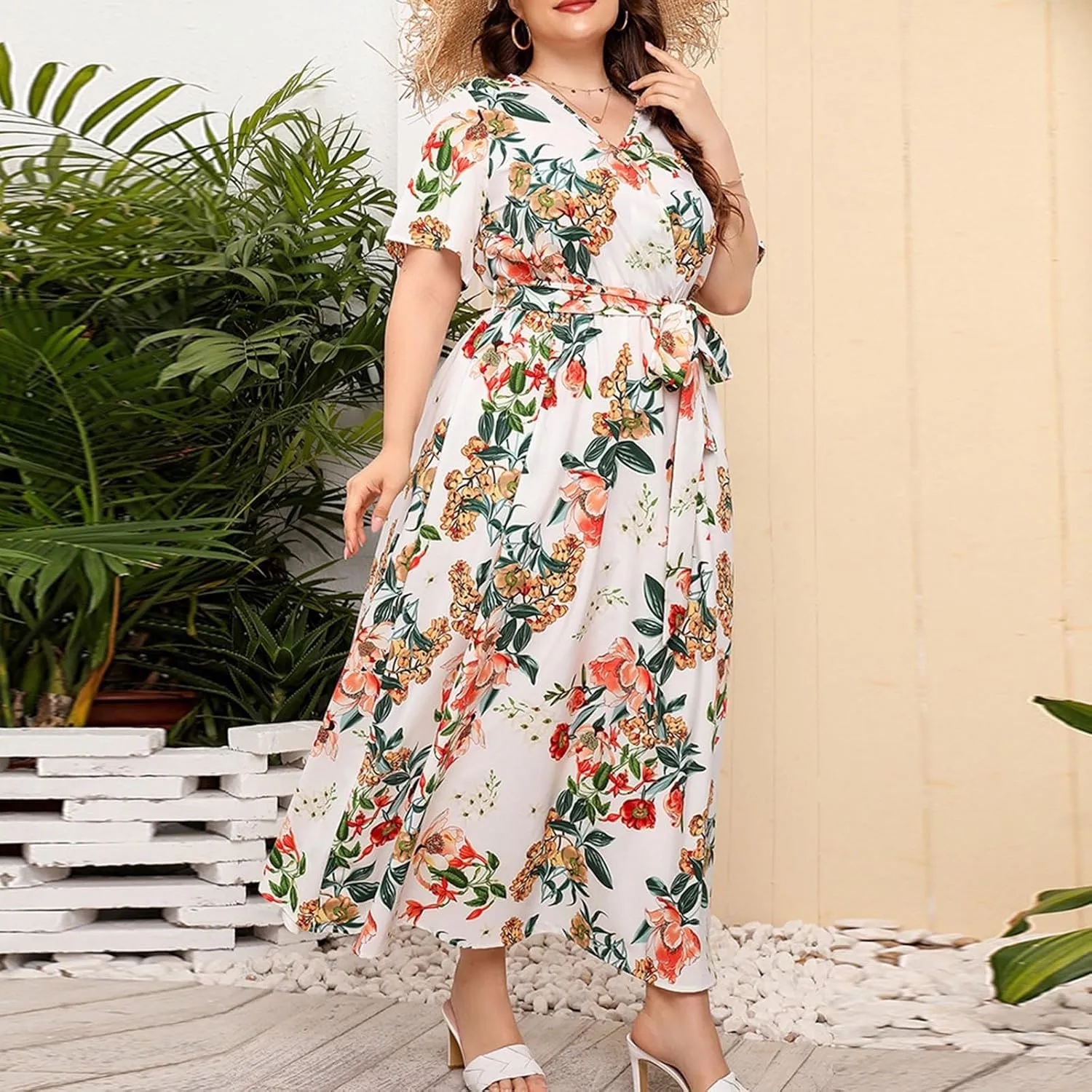 Plus Size Dress for Women High Waist V Neck Short Sleeve Midi Beach Sundress Floral Print Cocktail Party Dresses