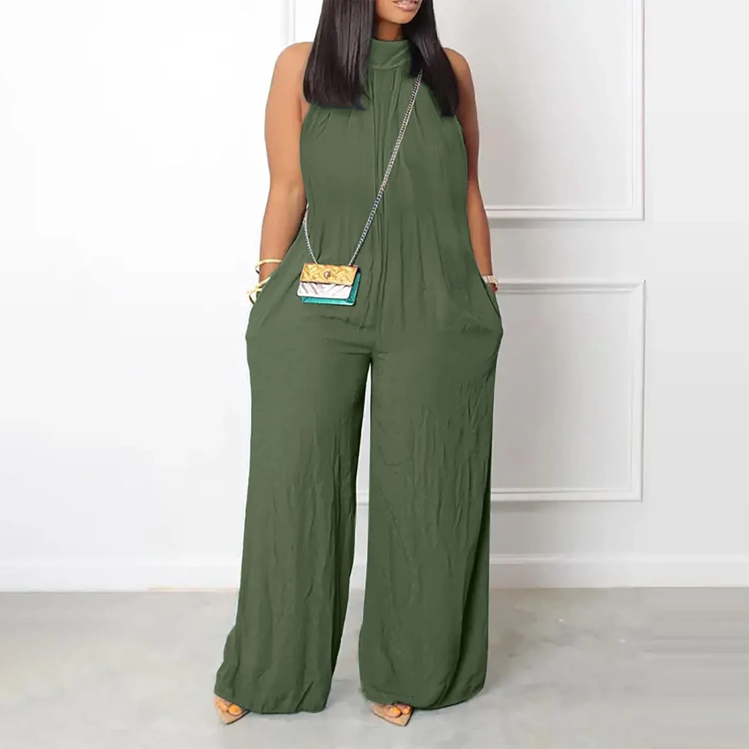 Plus Size Jumpsuit Women's Summer Beach Casual Sleeveless Solid Color Fashion Wide Leg Jumpsuit