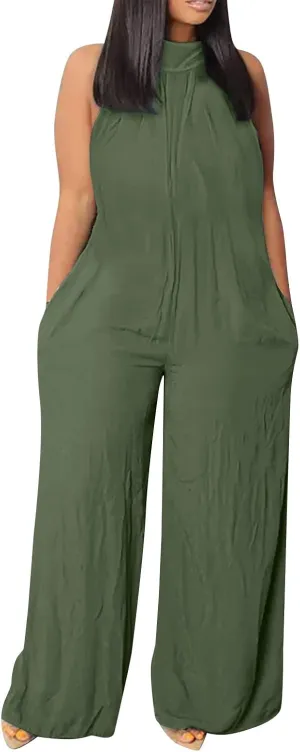 Plus Size Jumpsuit Women's Summer Beach Casual Sleeveless Solid Color Fashion Wide Leg Jumpsuit