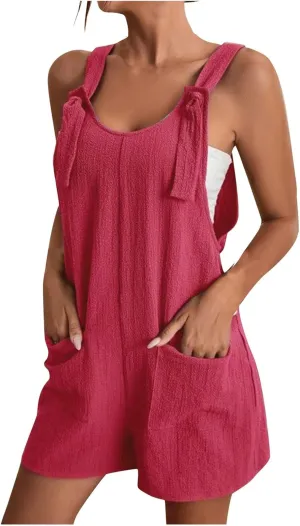 Plus Size Short Rompers for Women Linen Overall Shorts with Pockets Shortalls Adjustable Straps Short Bib Overalls Jumpsuits