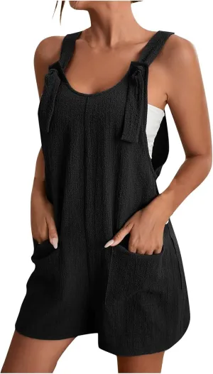 Plus Size Short Rompers for Women Linen Overall Shorts with Pockets Shortalls Adjustable Straps Short Bib Overalls Jumpsuits