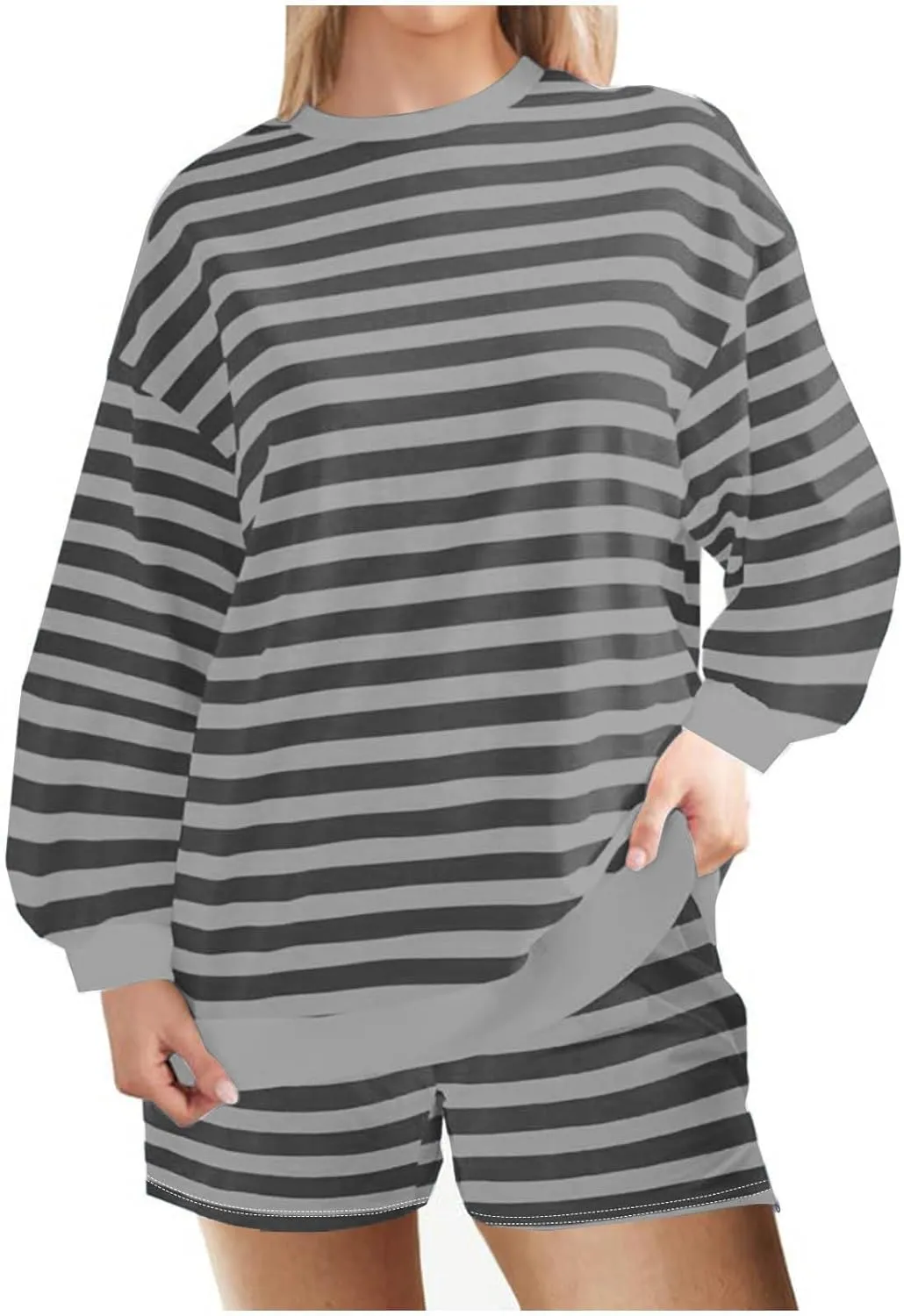 Plus Size Short Sets for Women Summer Trendy Striped Crewneck Long Sleeve Shorts 2 Piece Outfits Loose Fit Tracksuit