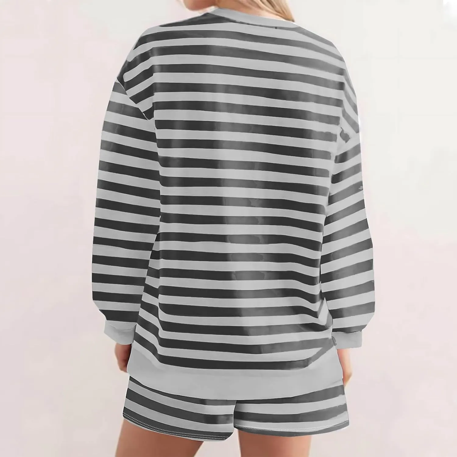 Plus Size Short Sets for Women Summer Trendy Striped Crewneck Long Sleeve Shorts 2 Piece Outfits Loose Fit Tracksuit