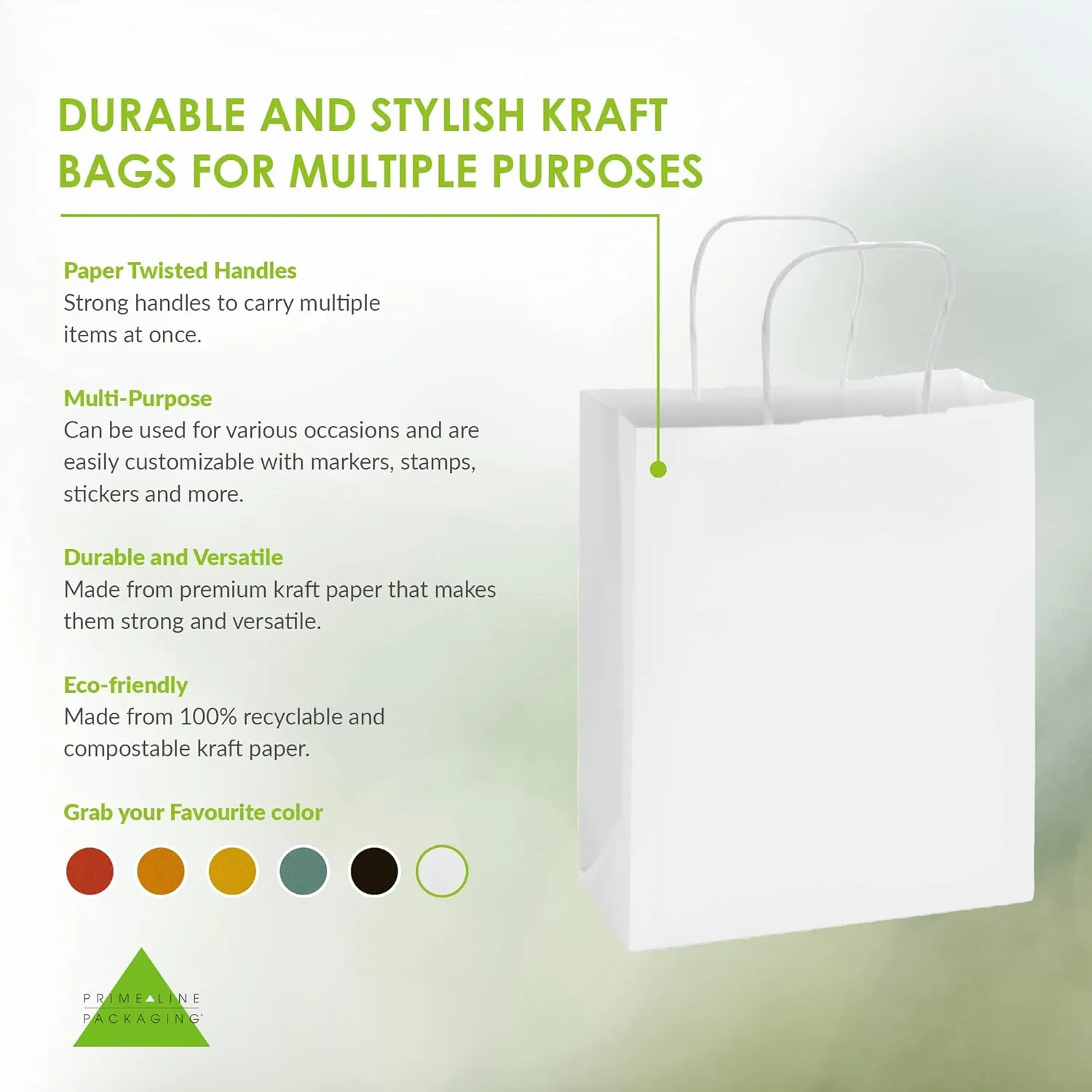 Prime Line Packaging White Kraft Paper Gift Bags with Handles for Small Business, Boutique, Retail, Shopping, Birthdays, Favors, Bulk, 8x4x10 100 Pack