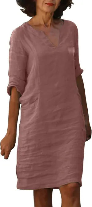 PTOLOCIF Womens Cotton Linen Shirt Dresses Casual V Neck Tunic Mini Dress 3/4 Loose Sleeve Shift Sundress Vacation Outfits 1