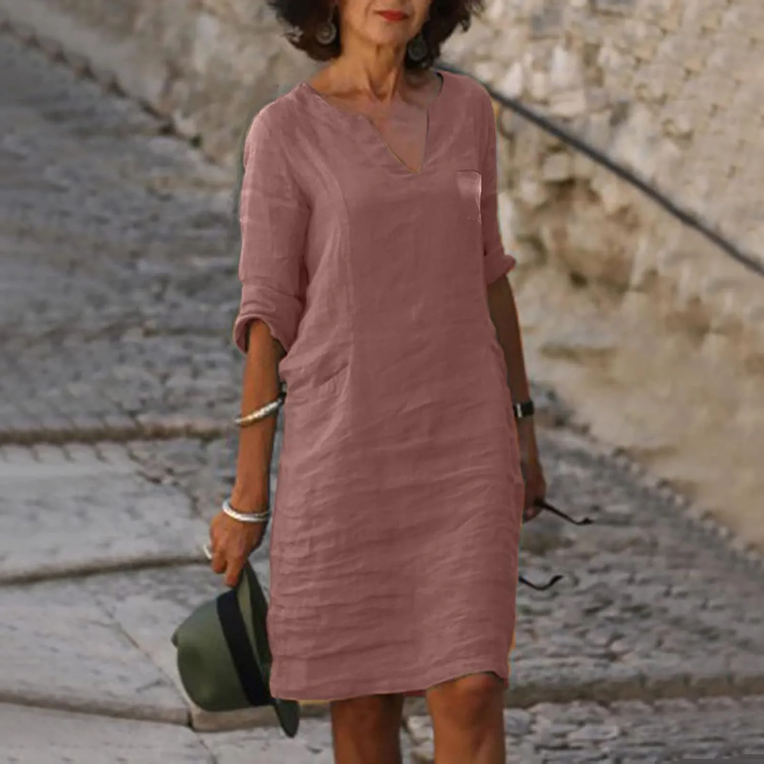 PTOLOCIF Womens Cotton Linen Shirt Dresses Casual V Neck Tunic Mini Dress 3/4 Loose Sleeve Shift Sundress Vacation Outfits 1