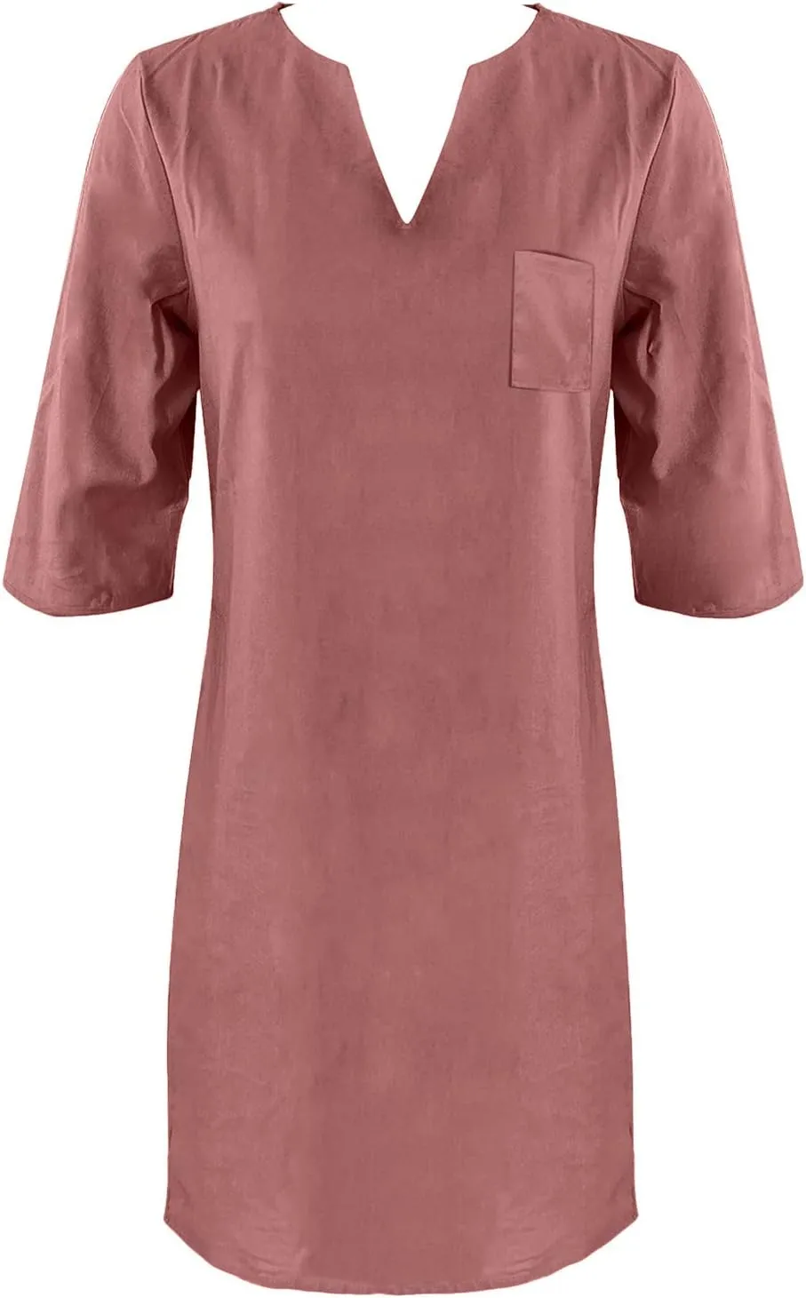 PTOLOCIF Womens Cotton Linen Shirt Dresses Casual V Neck Tunic Mini Dress 3/4 Loose Sleeve Shift Sundress Vacation Outfits 1