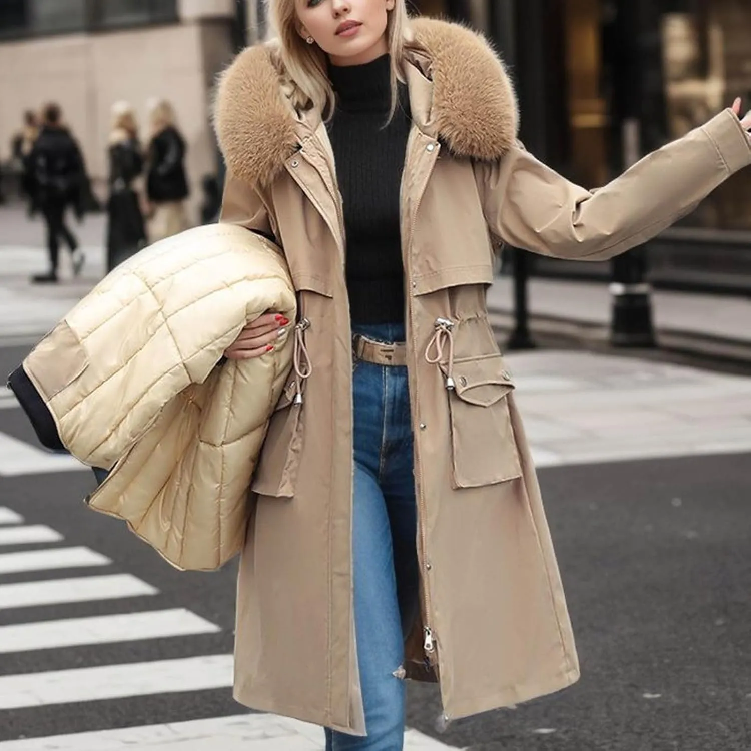 Puffer Jacket Womens Tops Plus Size Zip Up Down Jackets Sherpa Lined Parka Thermal Going Out Winter Hooded Coats