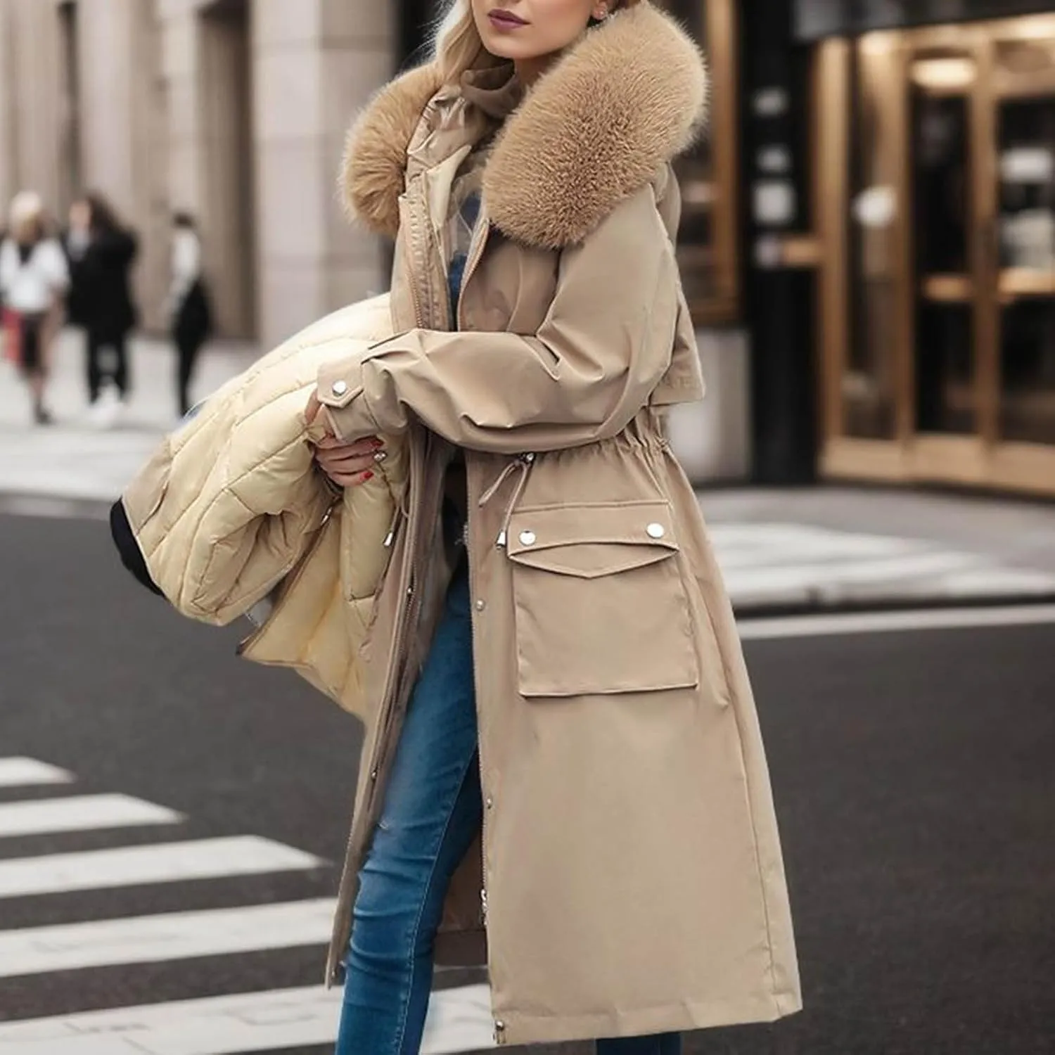 Puffer Jacket Womens Tops Plus Size Zip Up Down Jackets Sherpa Lined Parka Thermal Going Out Winter Hooded Coats