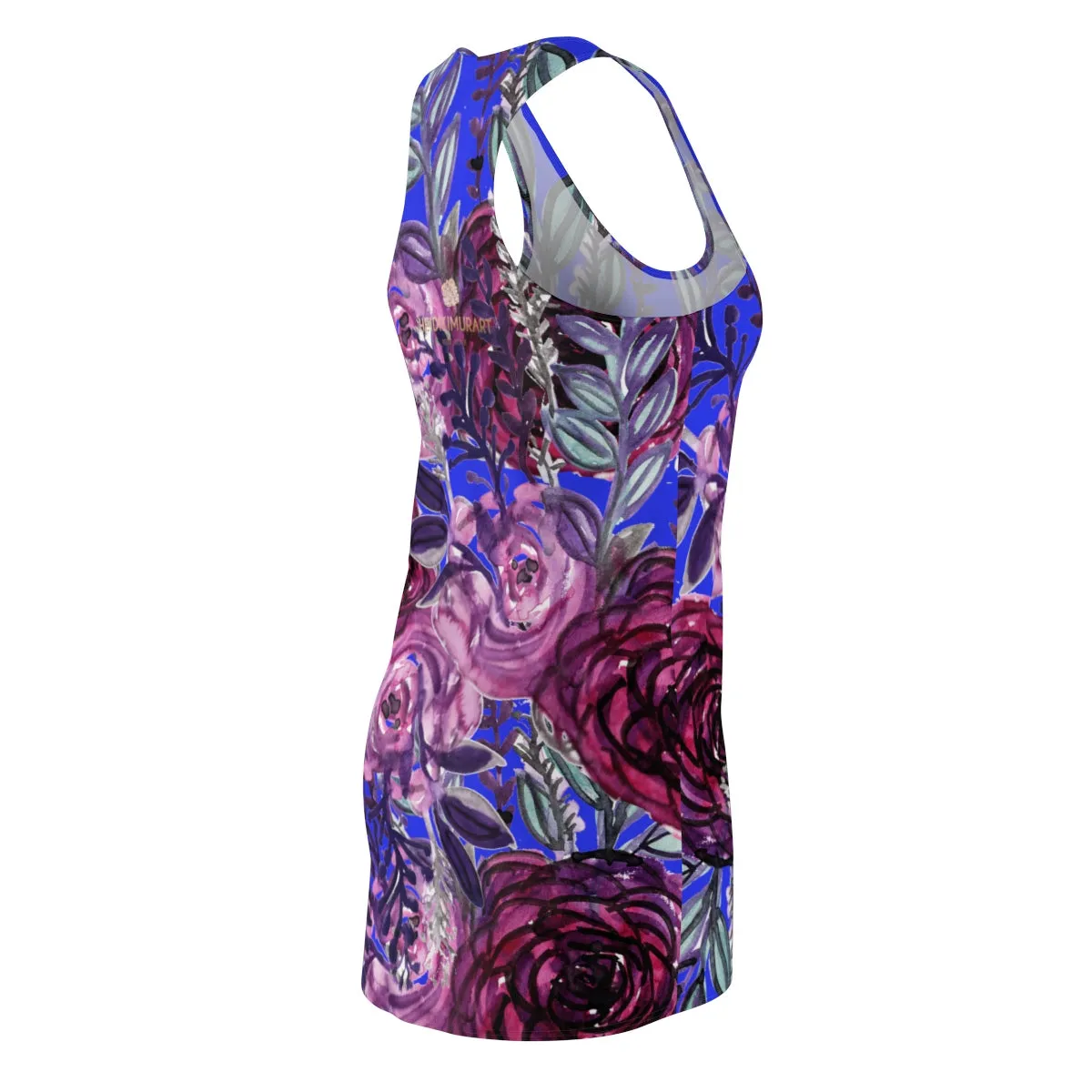 Purple Floral Print Dress, Premium Women's Long Best Racerback Dress - Made in USA(US Size: XS-2XL)