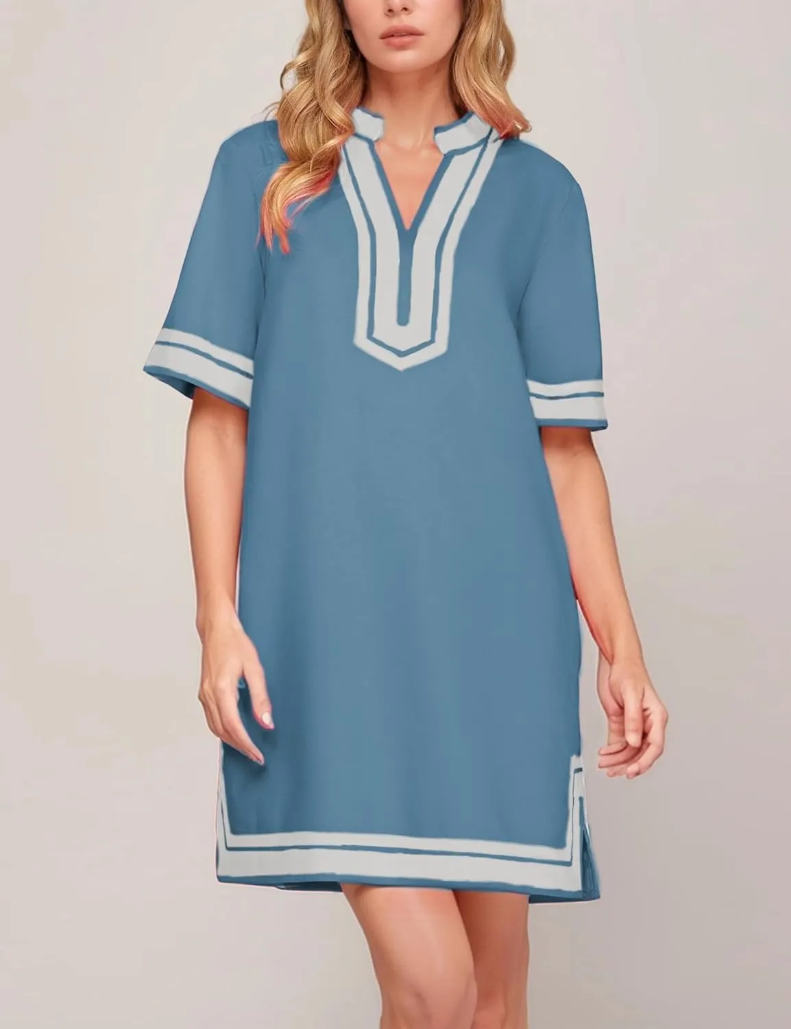 QIBABU Linen Dress for Women Color Block Swimsuit Coverup Casual Shirt Dress with Pockets