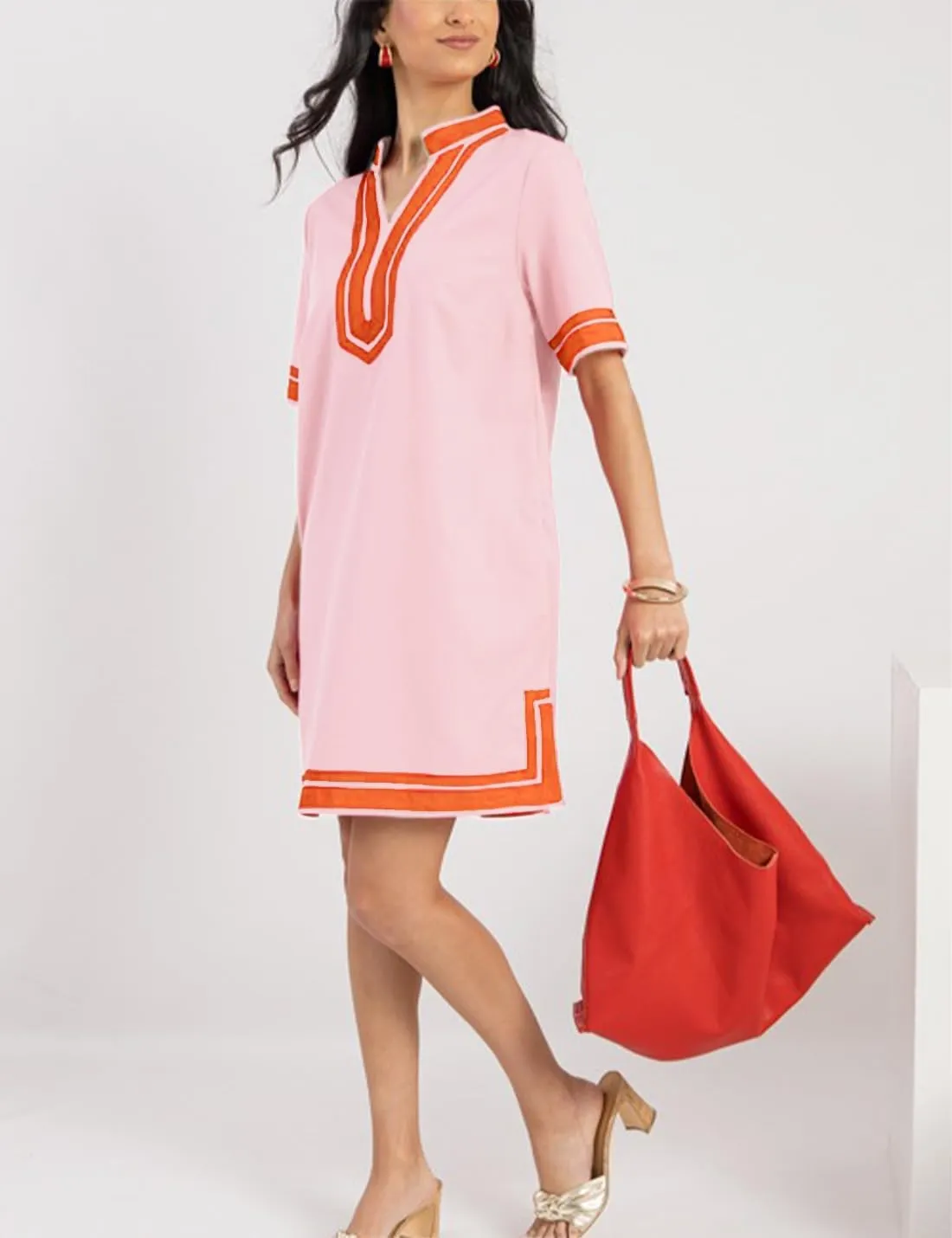 QIBABU Linen Dress for Women Color Block Swimsuit Coverup Casual Shirt Dress with Pockets
