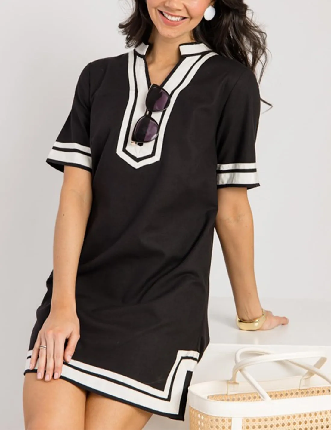 QIBABU Linen Dress for Women Color Block Swimsuit Coverup Casual Shirt Dress with Pockets