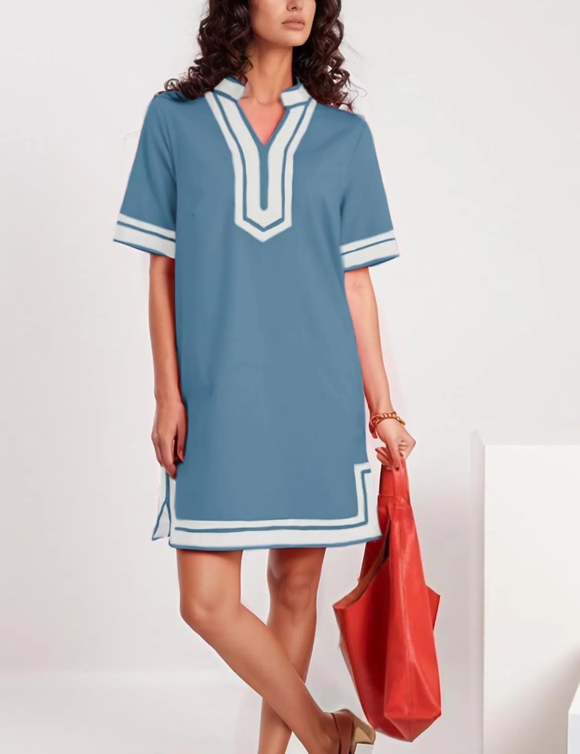 QIBABU Linen Dress for Women Color Block Swimsuit Coverup Casual Shirt Dress with Pockets