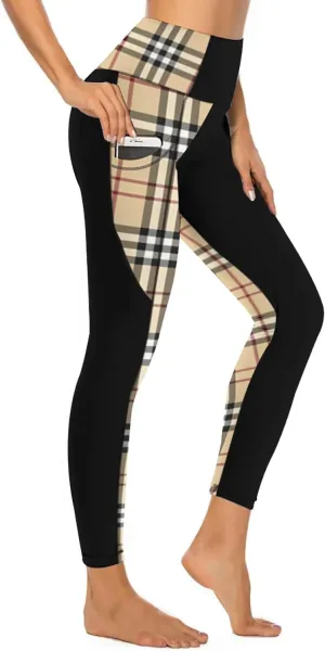 QIVICIMA Womens High Waist Workout Leggings Halloween Christmas Gym Plaid Printed Tummy Control Yoga Pants with Pockets