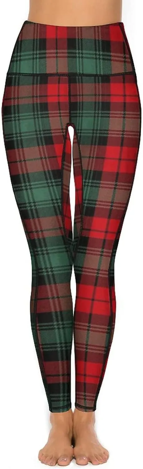 QIVICIMA Womens High Waist Workout Leggings Halloween Christmas Gym Plaid Printed Tummy Control Yoga Pants with Pockets