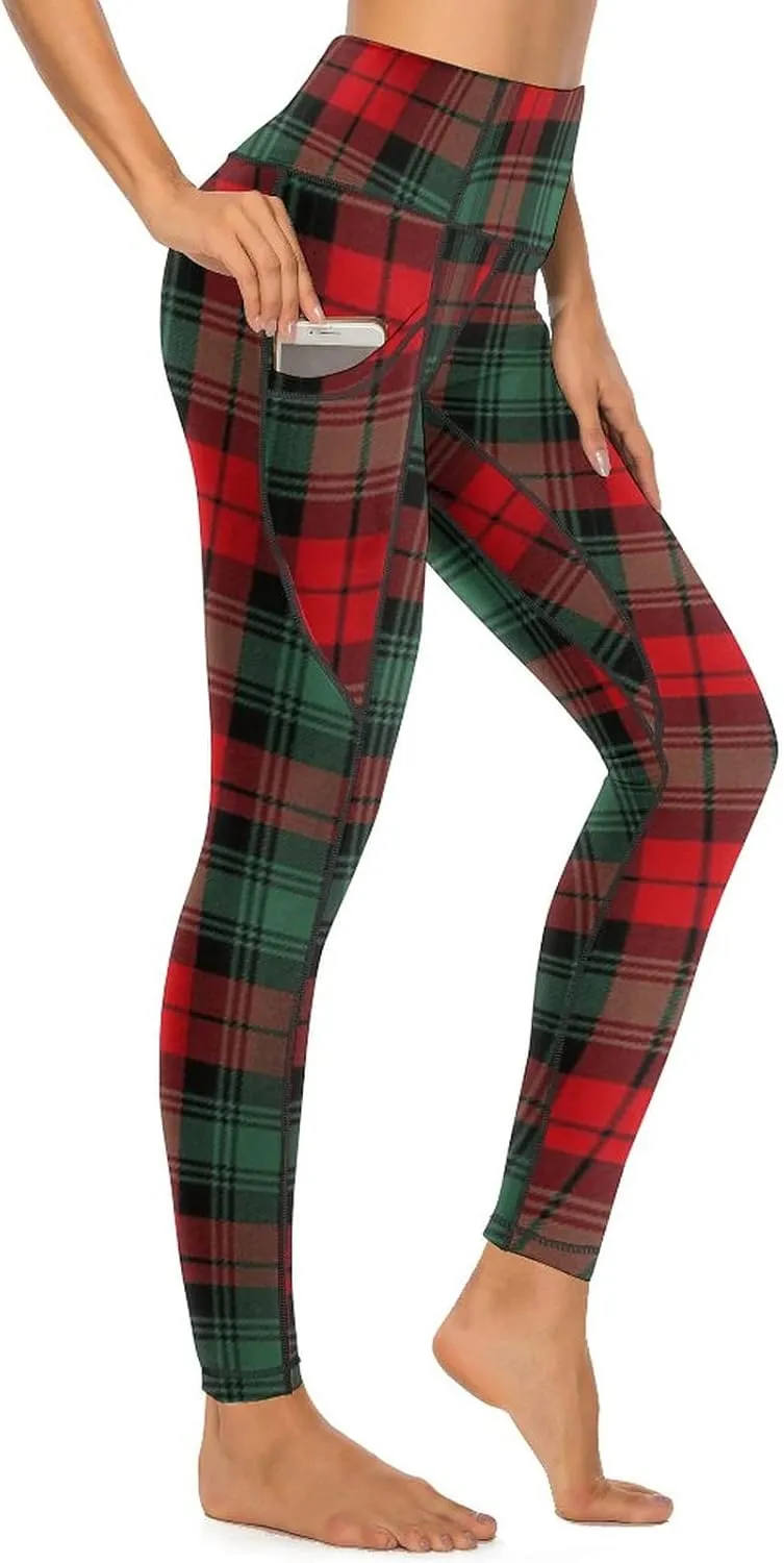QIVICIMA Womens High Waist Workout Leggings Halloween Christmas Gym Plaid Printed Tummy Control Yoga Pants with Pockets