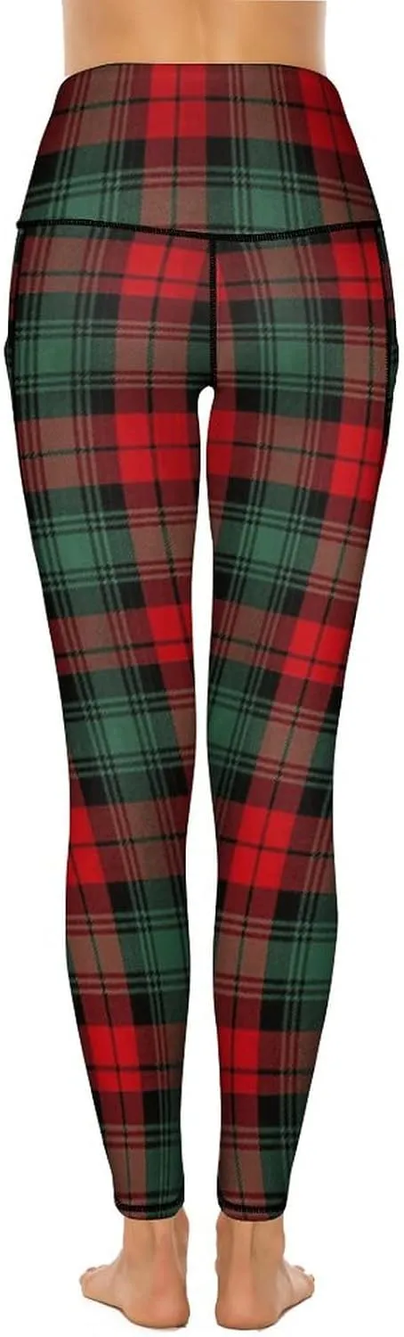 QIVICIMA Womens High Waist Workout Leggings Halloween Christmas Gym Plaid Printed Tummy Control Yoga Pants with Pockets