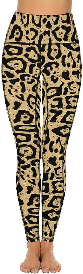 QIVICIMA Workout Leggings for Women Leopard Print High Waist Exercise Yoga Pants 4-Way Stretch Leggings with Pockets